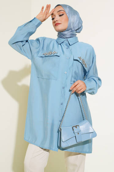 Çift Cepli Taşlı Salaş Gömlek İndigo - Gömlek