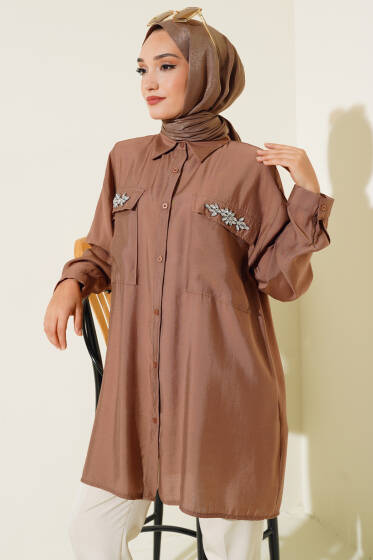 Çift Cepli Taşlı Salaş Gömlek Kahve - Gömlek