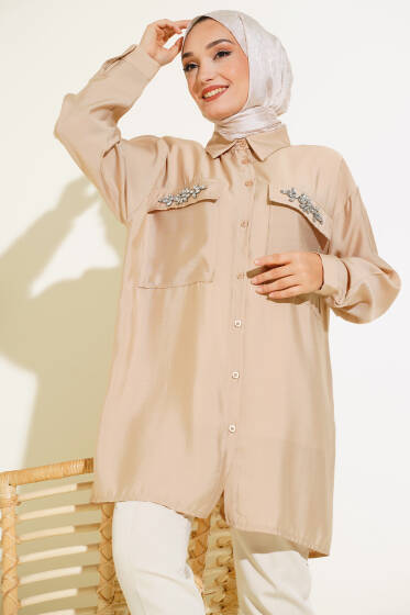 Çift Cepli Taşlı Salaş Gömlek Latte - Gömlek