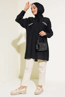 Çift Cepli Taşlı Salaş Gömlek Siyah - Gömlek