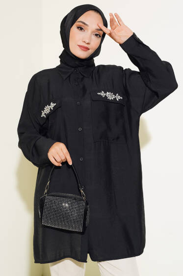 Çift Cepli Taşlı Salaş Gömlek Siyah - Gömlek