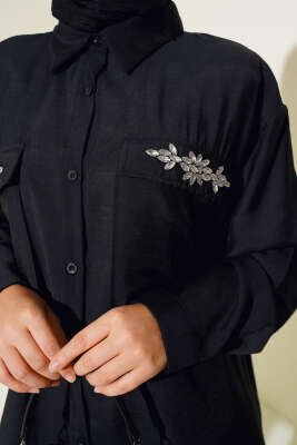 Çift Cepli Taşlı Salaş Gömlek Siyah - Gömlek