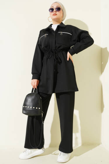 Çift Cepli Tünelli Scuba İkili Takım Siyah - İkili Takım