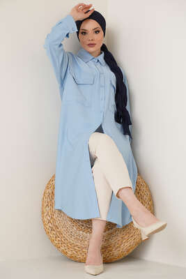 Çift Cepli Uzun Gömlek Buz Mavisi 