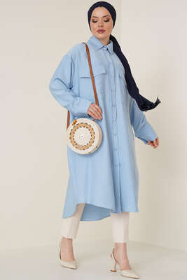 Çift Cepli Uzun Gömlek Buz Mavisi - Gömlek