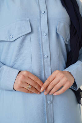 Çift Cepli Uzun Gömlek Buz Mavisi - Gömlek