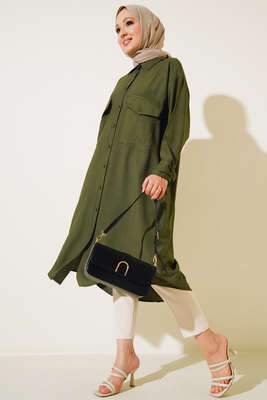 Çift Cepli Uzun Gömlek Haki - Gömlek