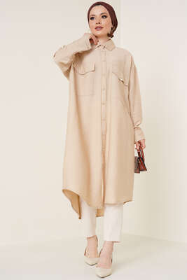 Çift Cepli Uzun Gömlek Latte 