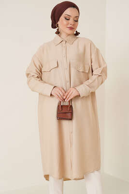Çift Cepli Uzun Gömlek Latte - Gömlek