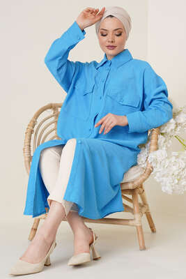 Çift Cepli Uzun Gömlek Mavi 