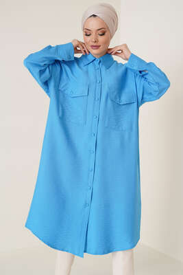 Çift Cepli Uzun Gömlek Mavi - Gömlek