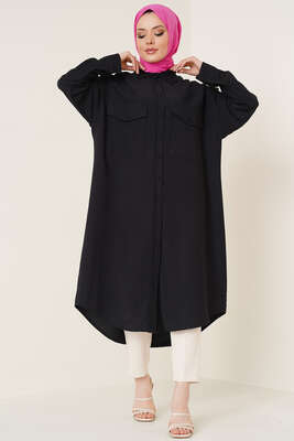 Çift Cepli Uzun Gömlek Siyah 