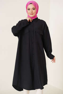 Çift Cepli Uzun Gömlek Siyah - Gömlek