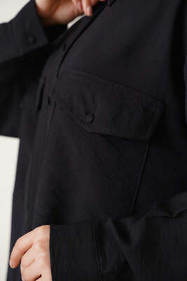 Çift Cepli Uzun Gömlek Siyah - Gömlek