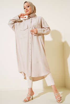 Çift Cepli Uzun Gömlek Taş - Gömlek