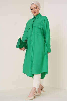 Çift Cepli Uzun Gömlek Yeşil 