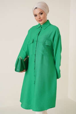 Çift Cepli Uzun Gömlek Yeşil - Gömlek