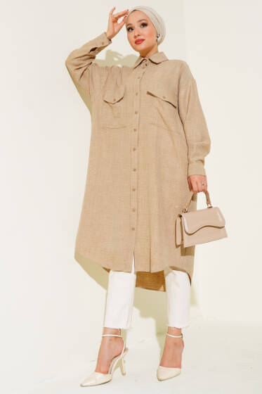 Çift Cepli Uzun Tunik Bej - Tunik