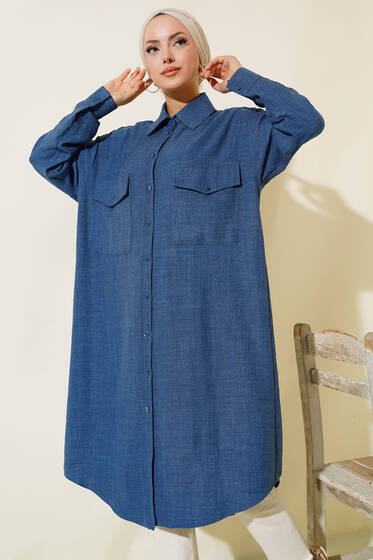 Çift Cepli Uzun Tunik İndigo - Tunik