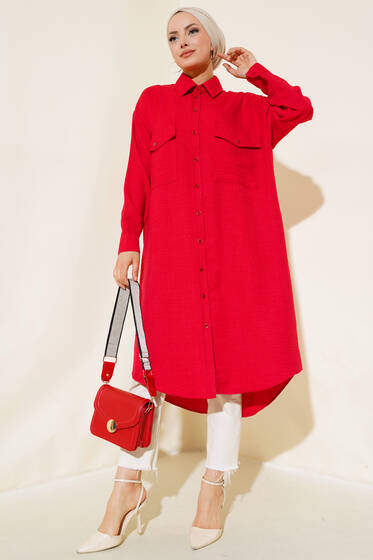 Çift Cepli Uzun Tunik Kırmızı - Tunik