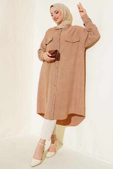 Çift Cepli Uzun Tunik Latte - Tunik