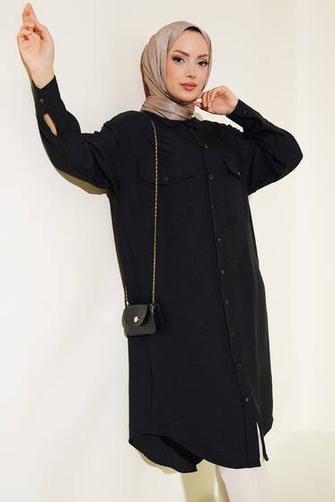 Çift Cepli Uzun Tunik Siyah - Tunik