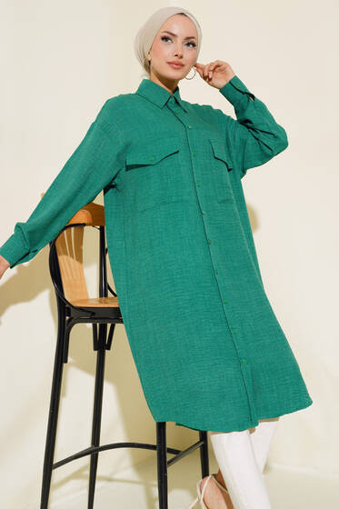 Çift Cepli Uzun Tunik Yeşil - Tunik