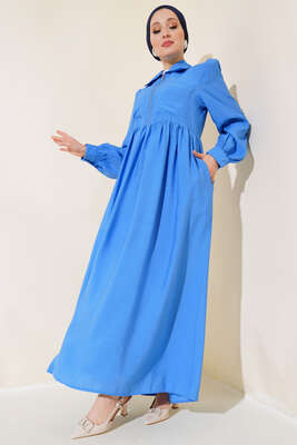 Çift Cepli Yarım Fermuarlı Elbise Mavi - Thumbnail