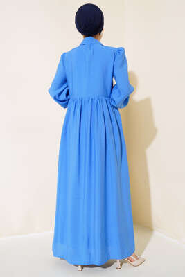 Çift Cepli Yarım Fermuarlı Elbise Mavi - Thumbnail