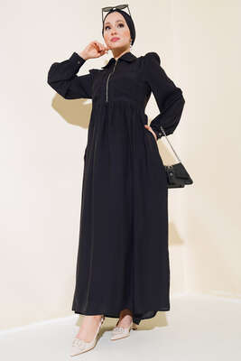 Çift Cepli Yarım Fermuarlı Elbise Siyah - Thumbnail