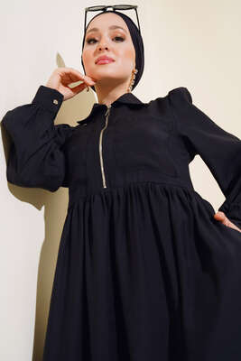 Çift Cepli Yarım Fermuarlı Elbise Siyah - Thumbnail