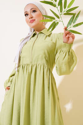 Çift Cepli Yarım Fermuarlı Elbise Su Yeşili - Thumbnail