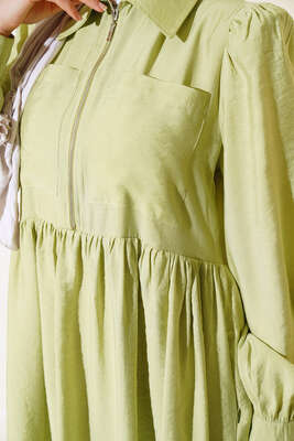 Çift Cepli Yarım Fermuarlı Elbise Su Yeşili - Thumbnail