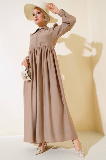 Çift Cepli Yarım Fermuarlı Elbise Vizon - Tesettür Elbise