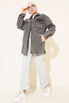 Çift Cepli Yıpratma Kot Ceket Füme - Ceket