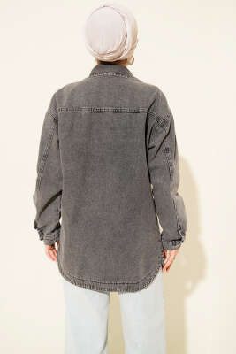 Çift Cepli Yıpratma Kot Ceket Füme - Ceket