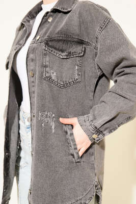 Çift Cepli Yıpratma Kot Ceket Füme - Ceket