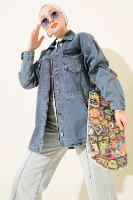 Çift Cepli Yıpratma Kot Ceket Mavi - FİXAY