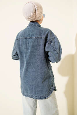 Çift Cepli Yıpratma Kot Ceket Mavi - Ceket