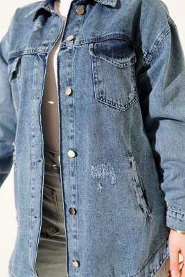 Çift Cepli Yıpratma Kot Ceket Mavi - Ceket