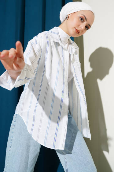 Çift Çizgili Göğüs Cepli Keten Gömlek Mavi - Gömlek