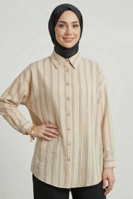 Çift Çizgili Gömlek Bej - FİXAY