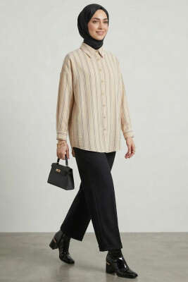Çift Çizgili Gömlek Bej - Gömlek