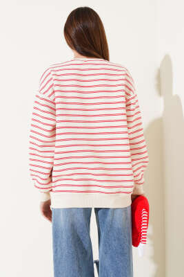 Çift Çizgili Nakışlı Sweatshirt Kırmızı - Kadın Giyim Modelleri