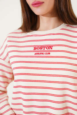 Çift Çizgili Nakışlı Sweatshirt Kırmızı - Kadın Giyim Modelleri