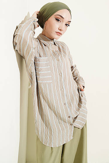 Çift Çizgili Salaş Hella Gömlek Bej - Gömlek