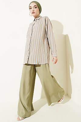 Çift Çizgili Salaş Hella Gömlek Bej - Gömlek