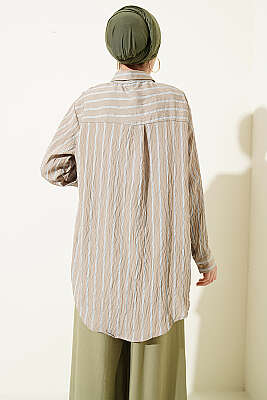 Çift Çizgili Salaş Hella Gömlek Bej - Gömlek