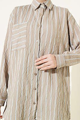 Çift Çizgili Salaş Hella Gömlek Bej - Gömlek