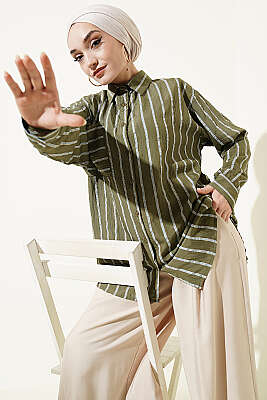 Çift Çizgili Salaş Hella Gömlek Haki - NEVA MODA